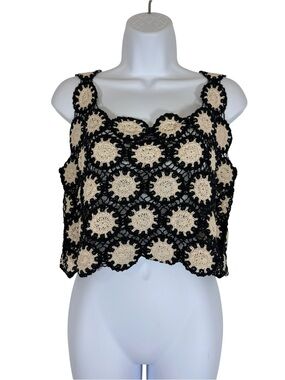 Julia by LoveJ Crochet Crop Tank Top Black Cream Boho Festival Large